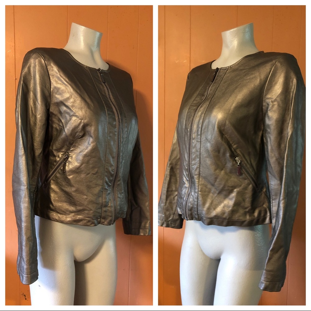 ALFANI Vegan Leather Zip Up Muted Metallic Jacket S - Picture 4 of 10